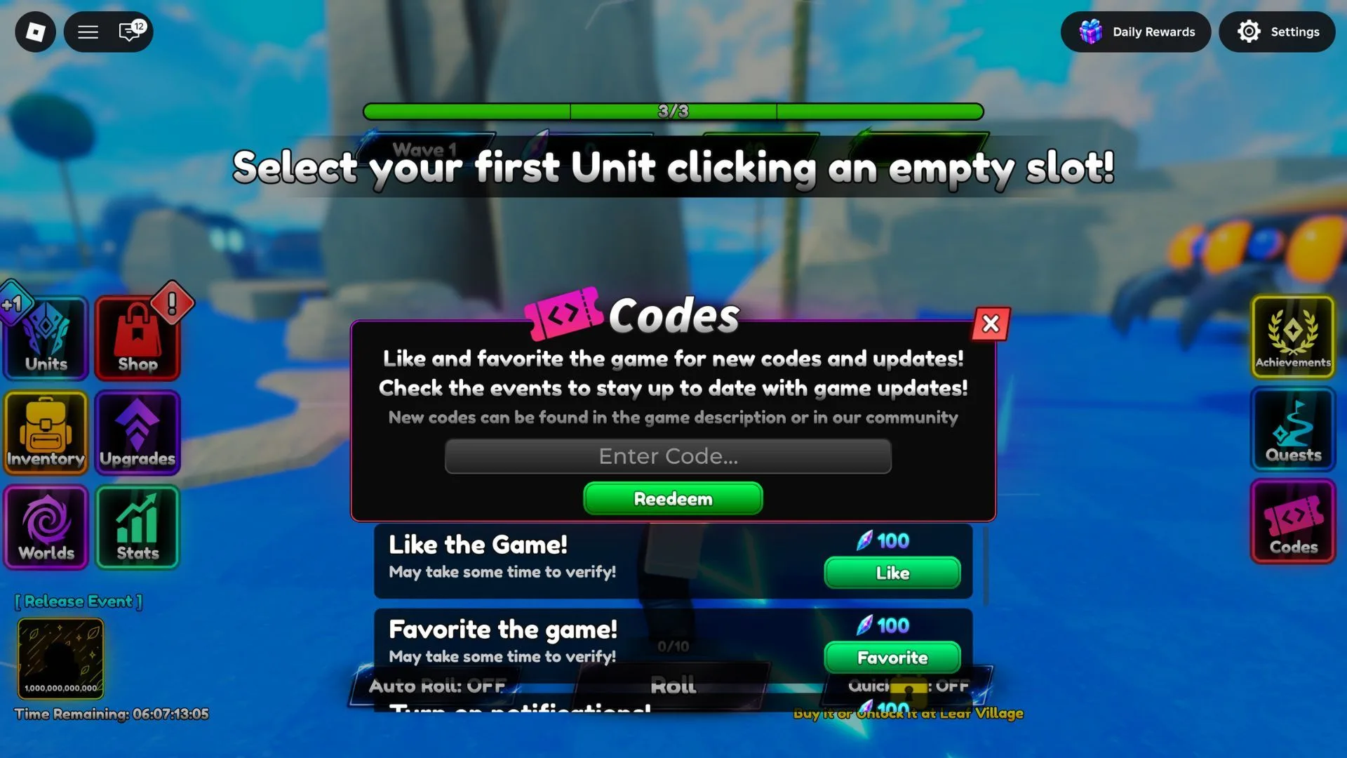 How to redeem codes in Anime RNG Defense