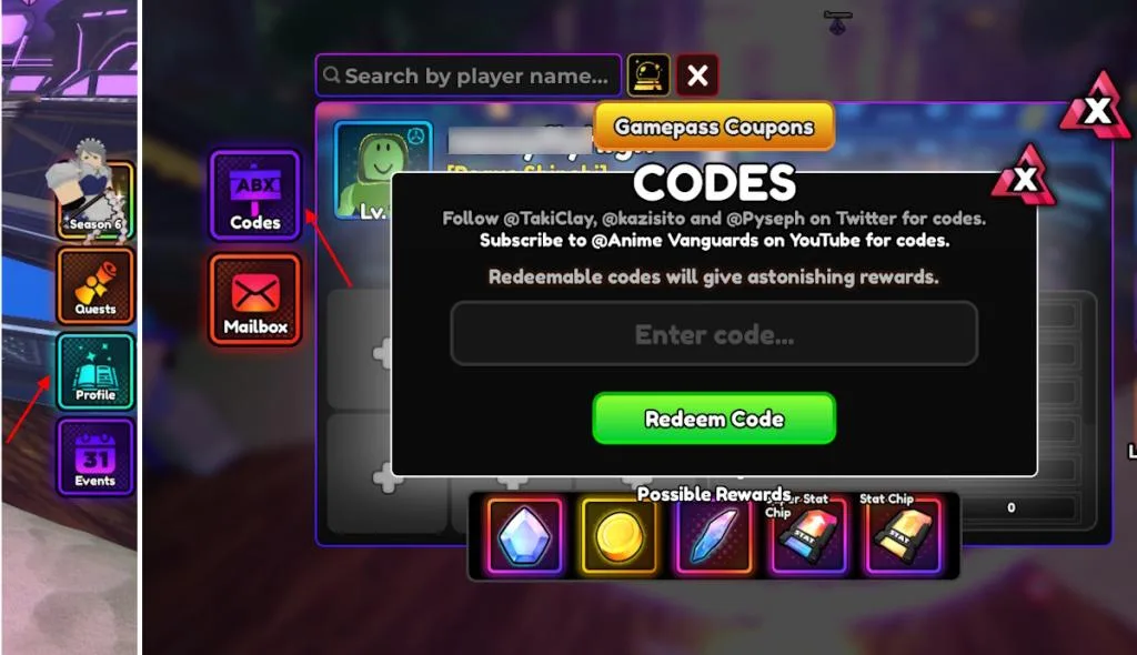 How to redeem codes in Anime Vanguards