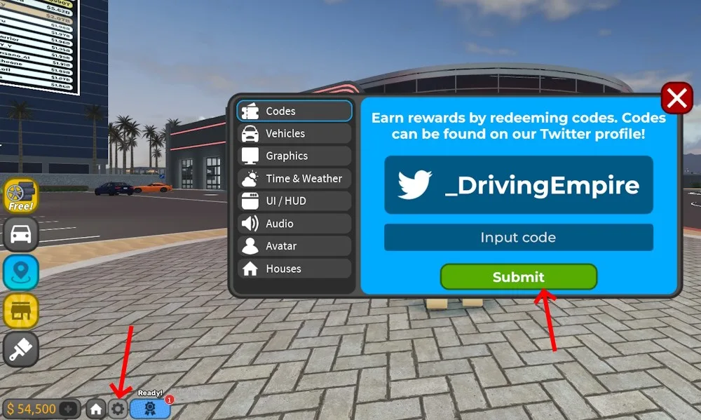 How to redeem codes in Driving Empire