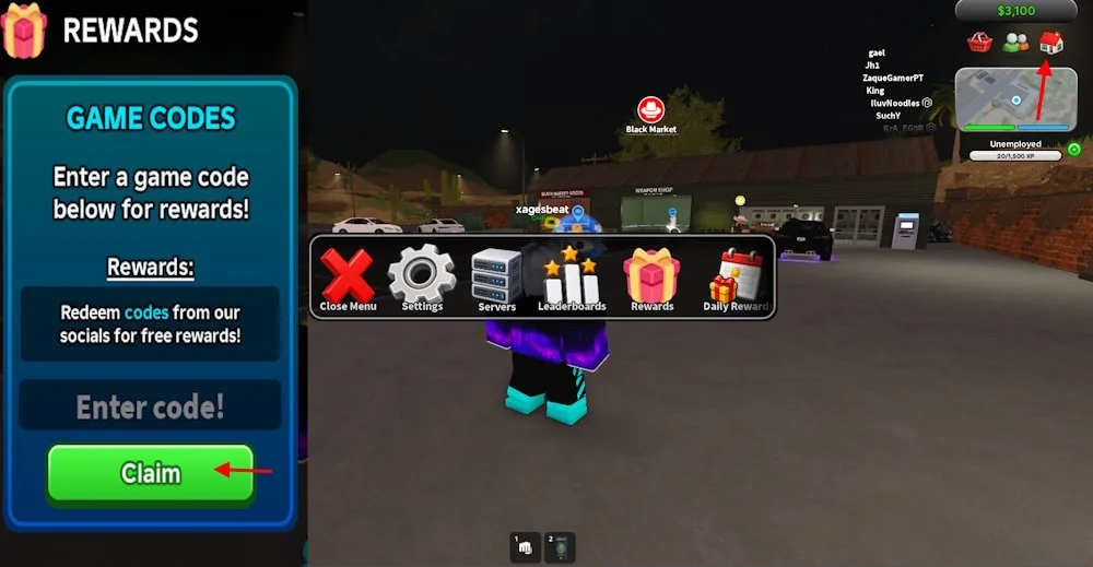 How to redeem codes in San Diego Border Roleplay