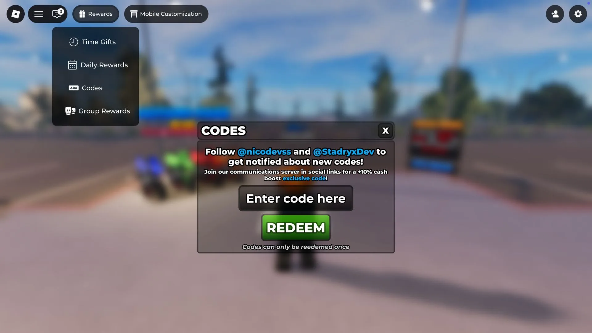 How to redeem codes in Wheelie District