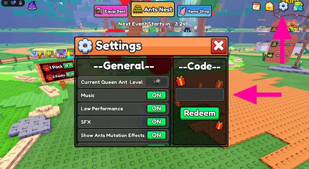 How to redeem codes in Build An Ant Empire