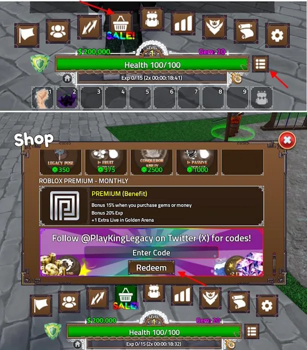 How to redeem codes in King Legacy