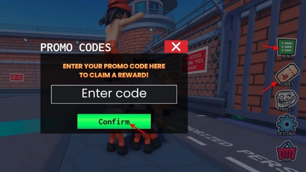 How to redeem codes in Prison Pump