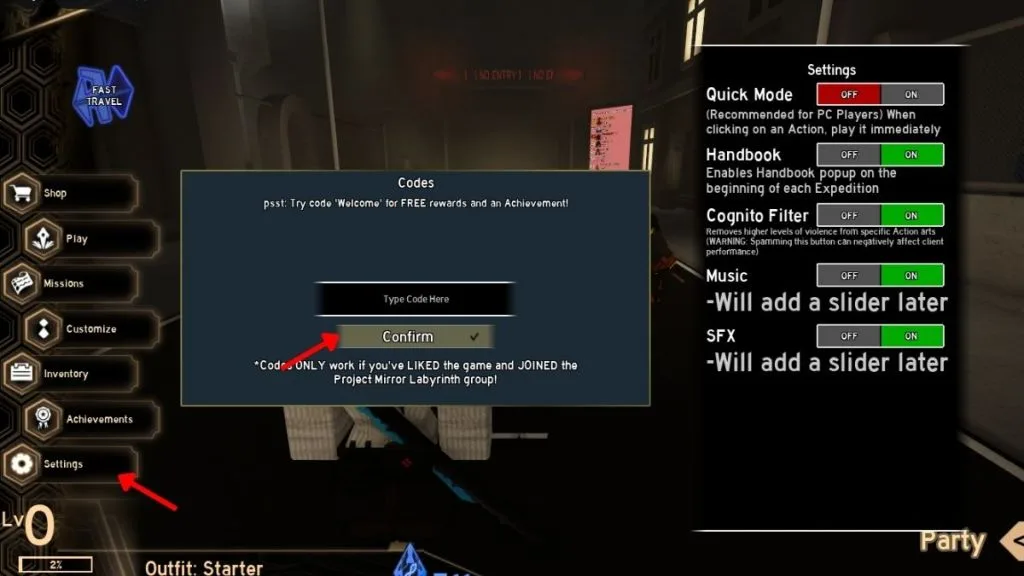 How to redeem codes in Project Mirror Labyrinth