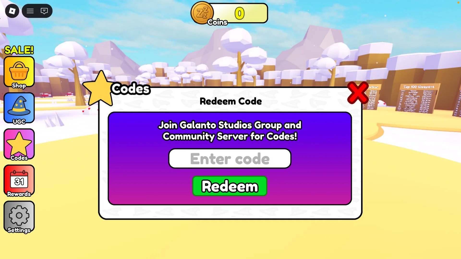 How to redeem codes in Sleep For UGC